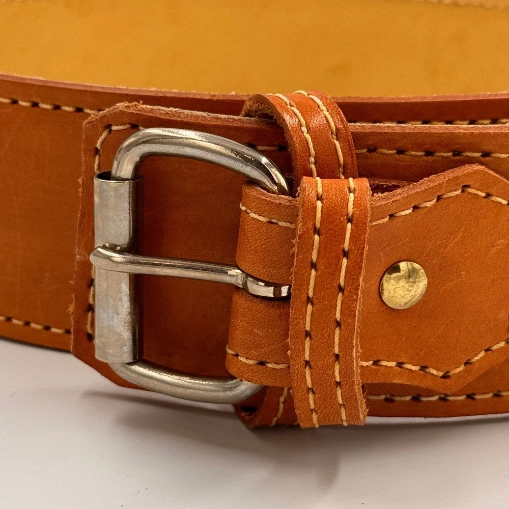 Lifting Workout Rugged Tan Leather Belt Wide Silver Roller Buckle 48 Fitness